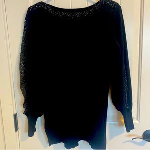 Black light weight sweater with translucent jeweled sleeves